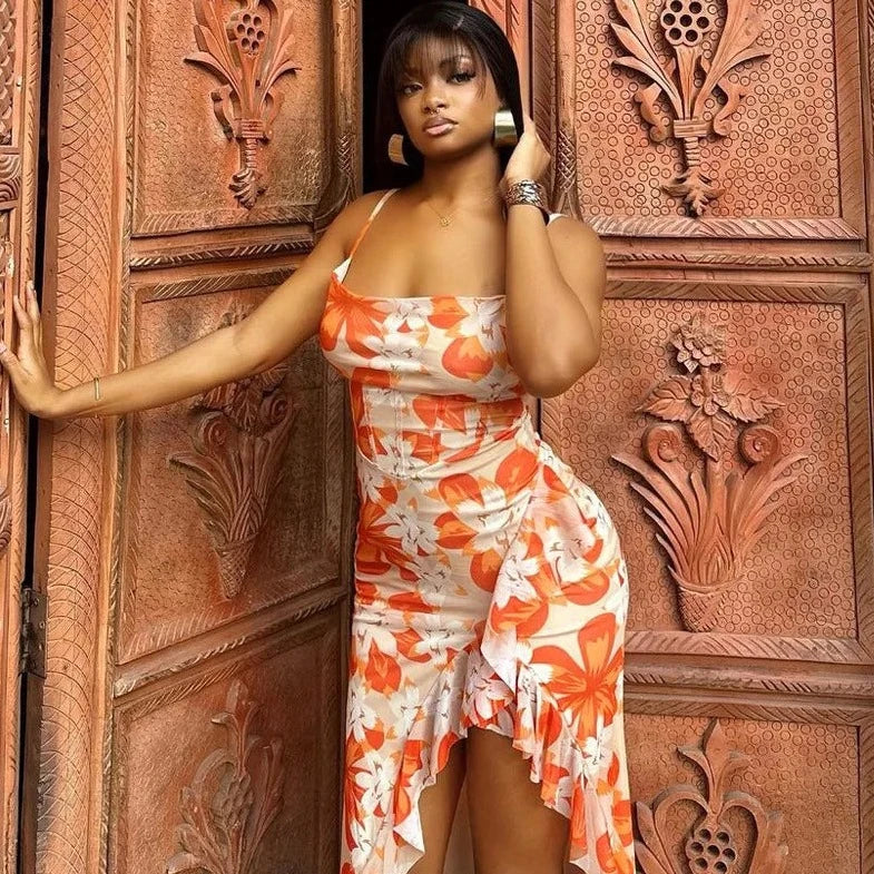 Floral Print Ruffles Slit Sleeveless Dresses