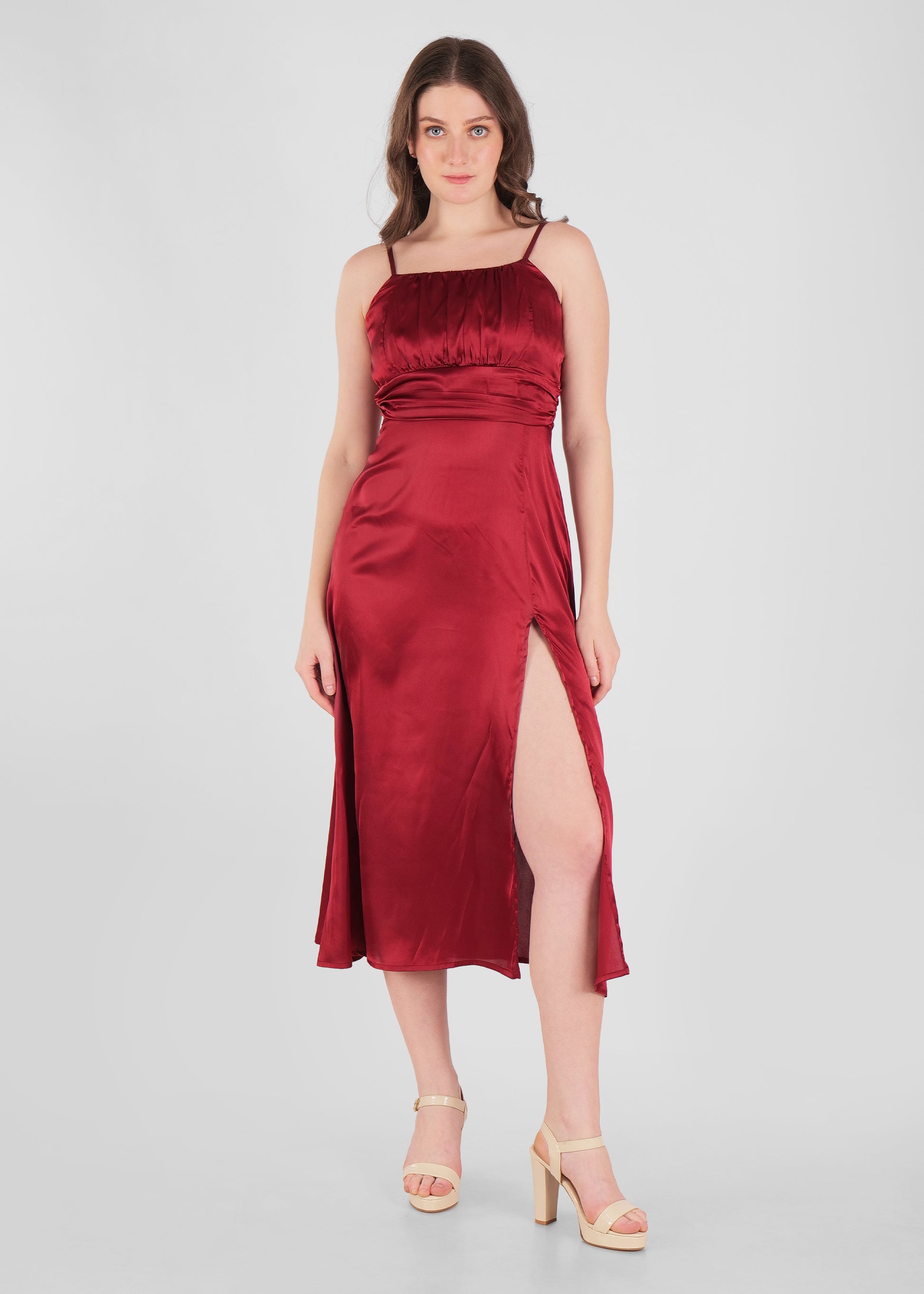 Thin stapes draped chest satin dress