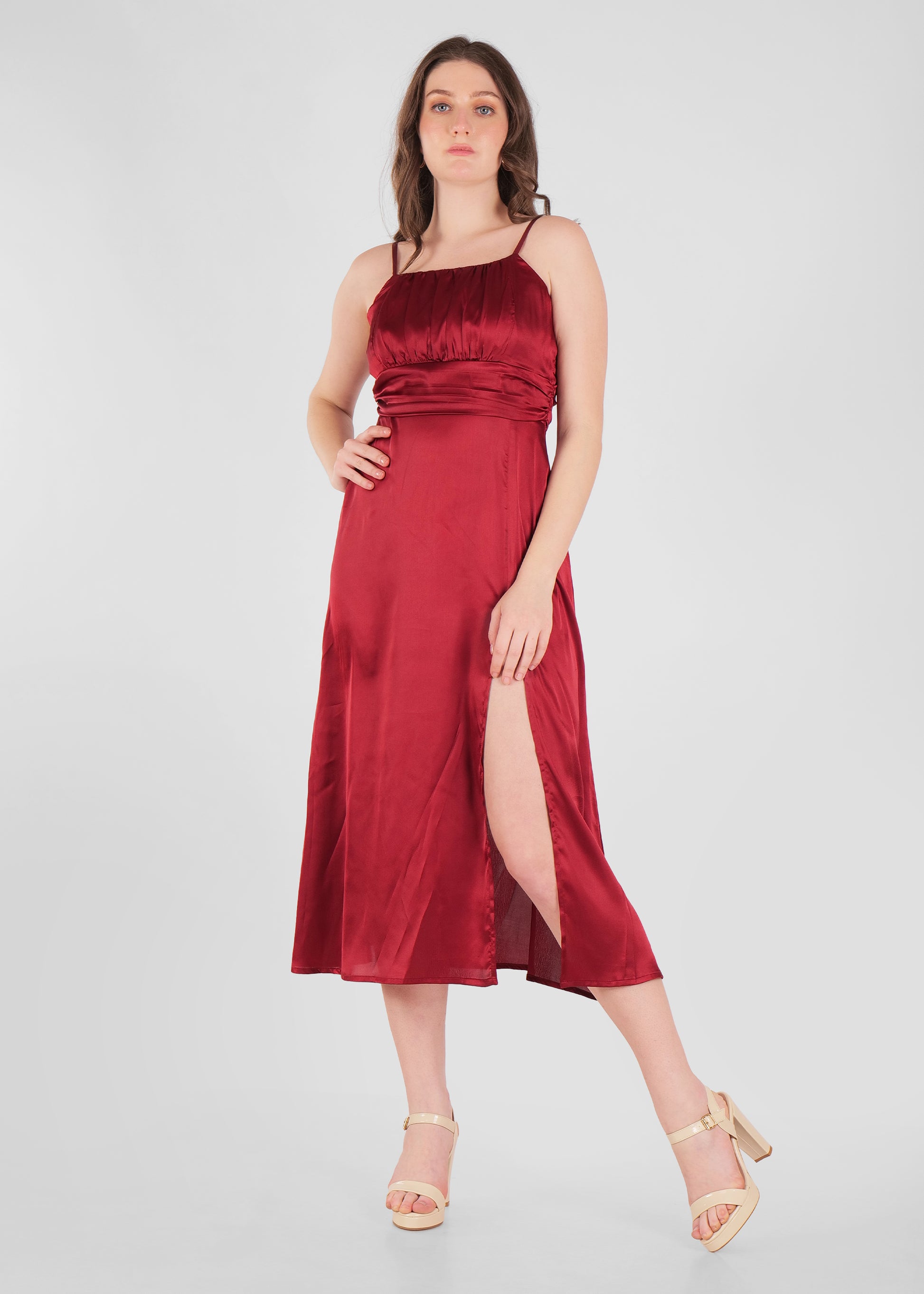 Thin stapes draped chest satin dress