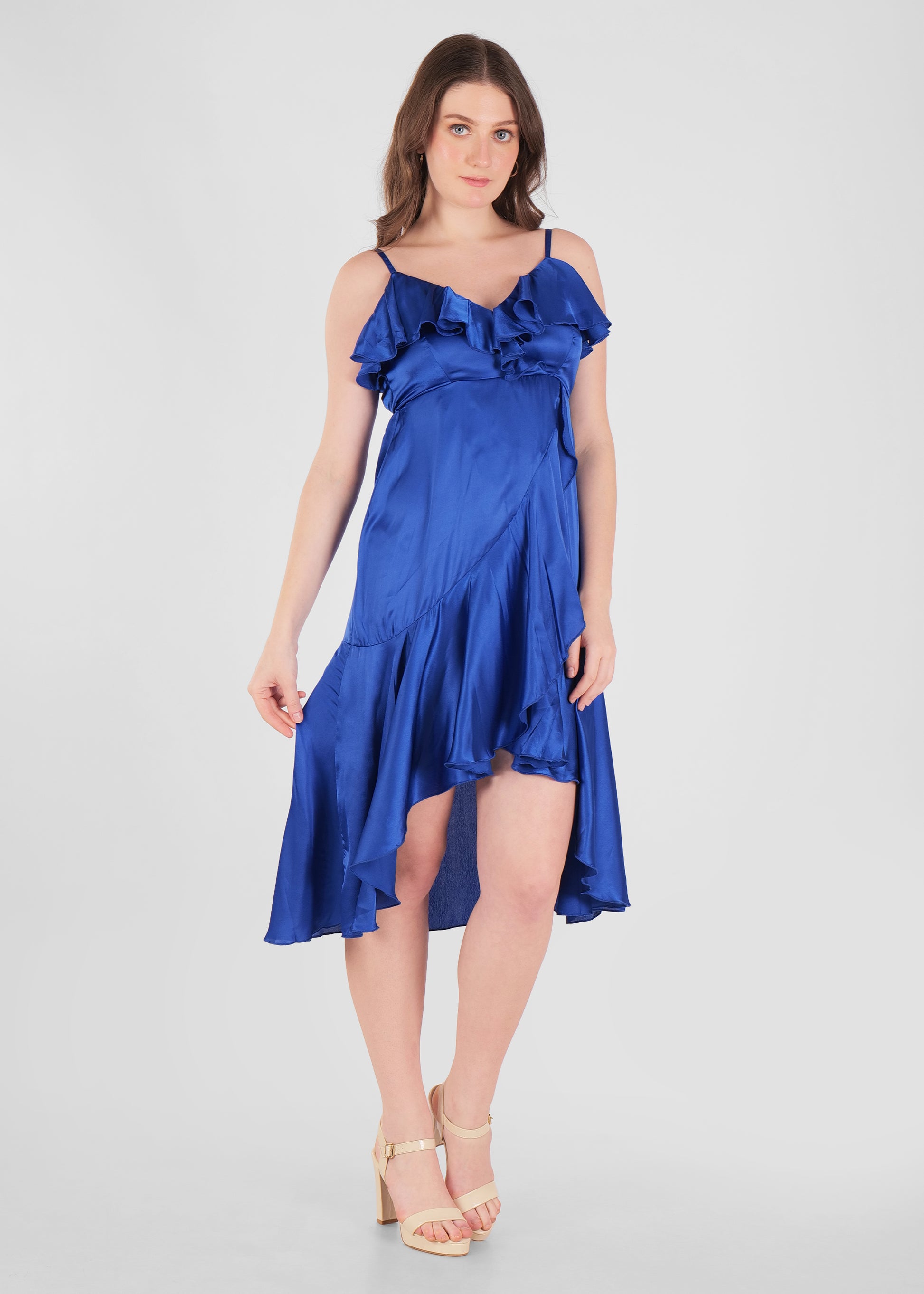 Ruffled Midi Satin Dress Blue