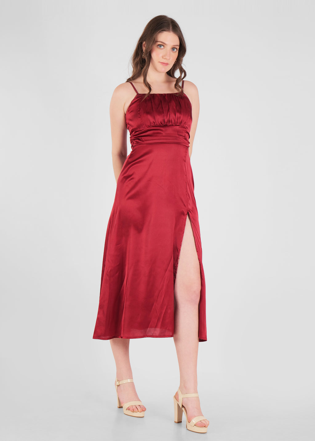 Thin stapes draped chest satin dress