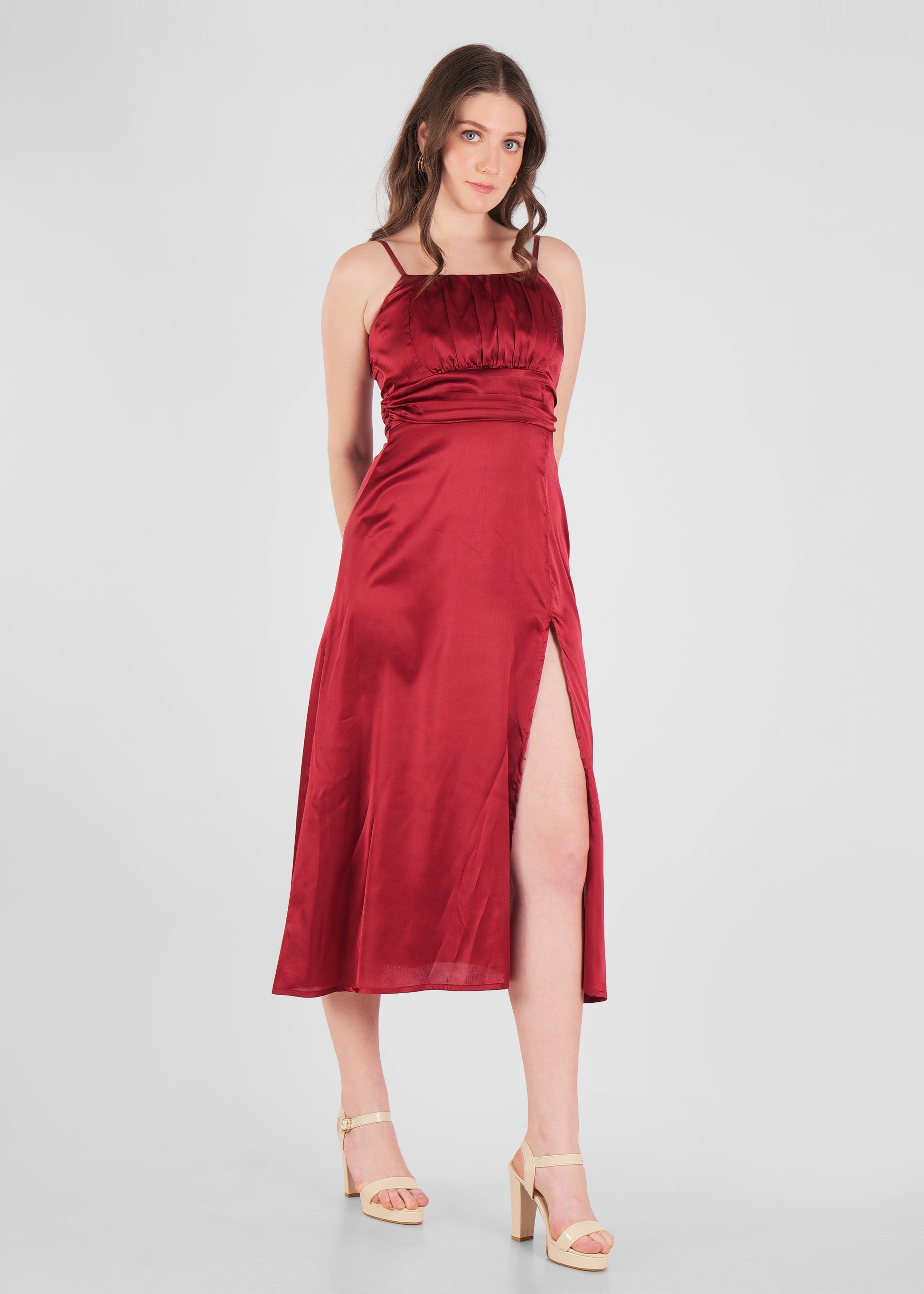 Thin stapes draped chest satin dress