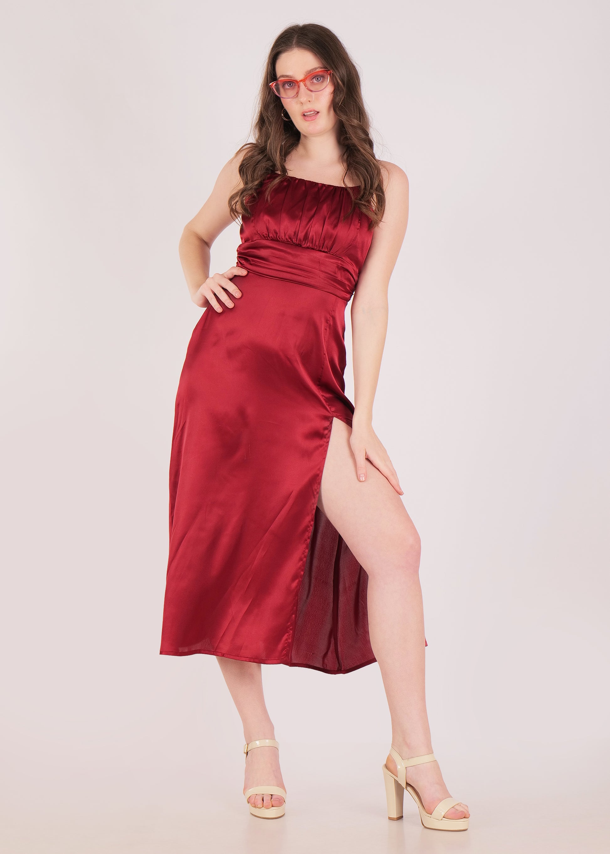 Thin stapes draped chest satin dress