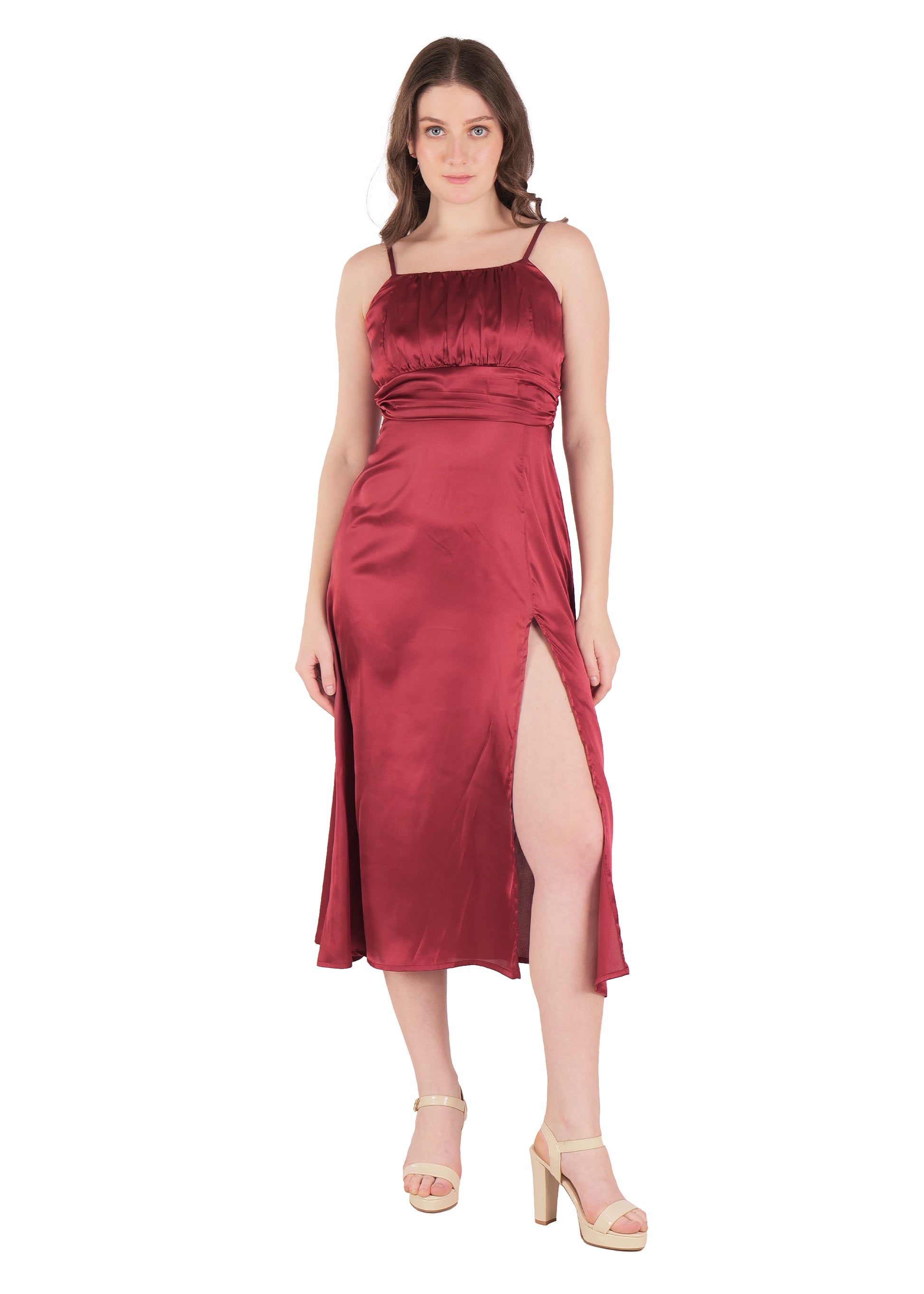 Thin stapes draped chest satin dress