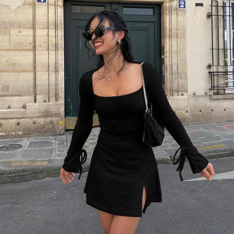 Long Sleeve Mini Slit Mini Dress