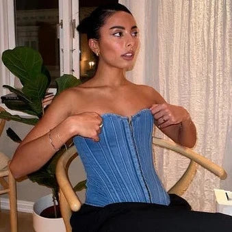 Heart Neck Denim Tube Corset Top