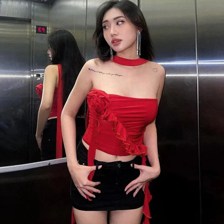 Tube Ruffle Flowered Crop Top