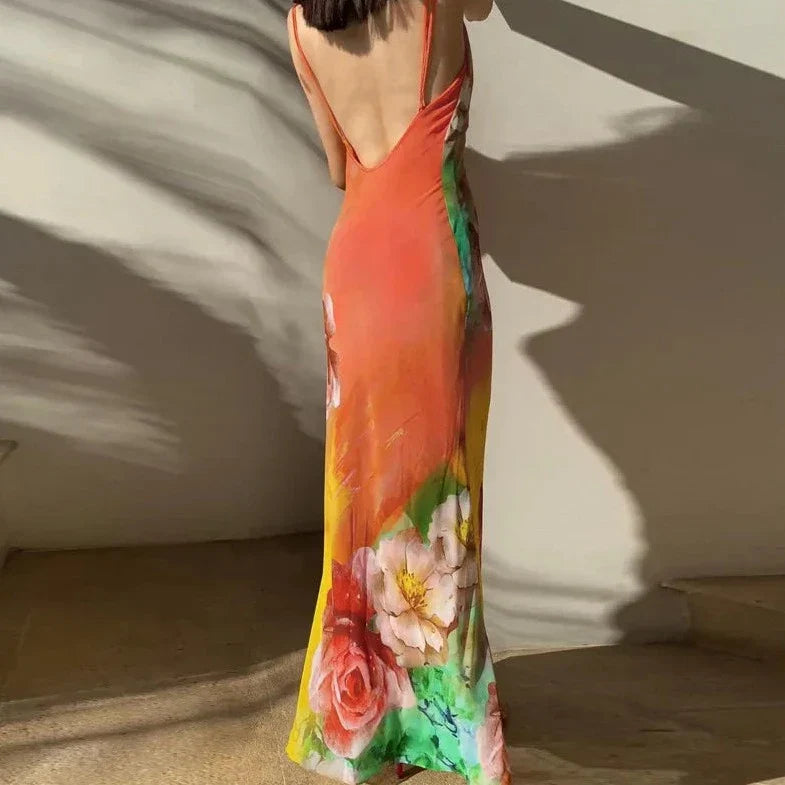 Floral Print Sleeveless Ruched Backless Dresses