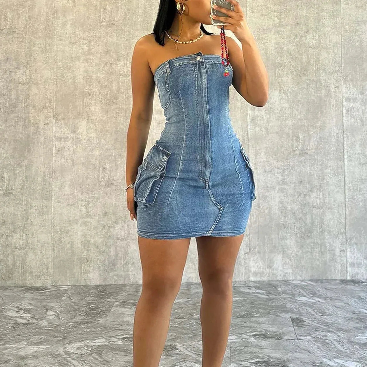 Tube Side Pocket Denim Mini Dress