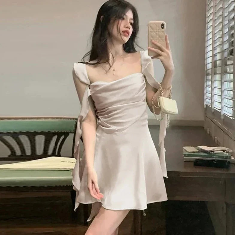 Satin Backless Ruffle Mini Dress