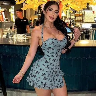 Floral Print Halter Lace Up Slit Ruffles Short Dresses
