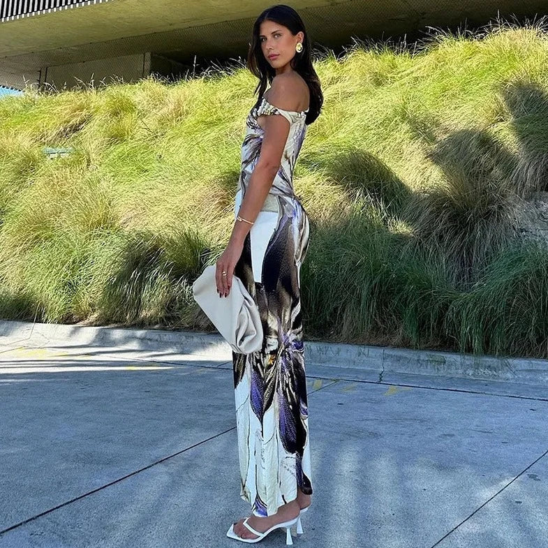 Printed Off Shoulder Sleeveless Maxi Dress