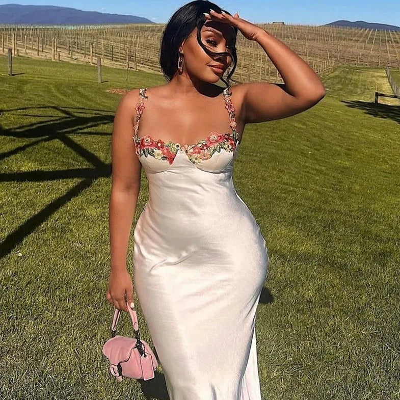 Floral Embroidery Satin Bodycon Long Dresses