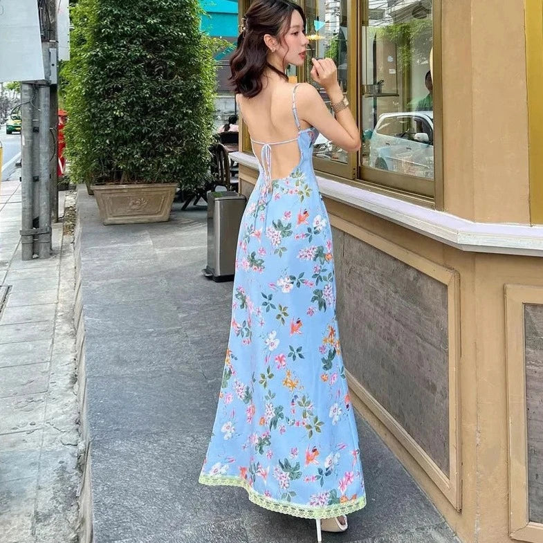 Floral Printed Lace Patchwork Sleeveless Maxi Dress
