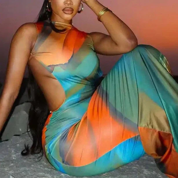 Printed Backless Sleeveless Maxi Dress