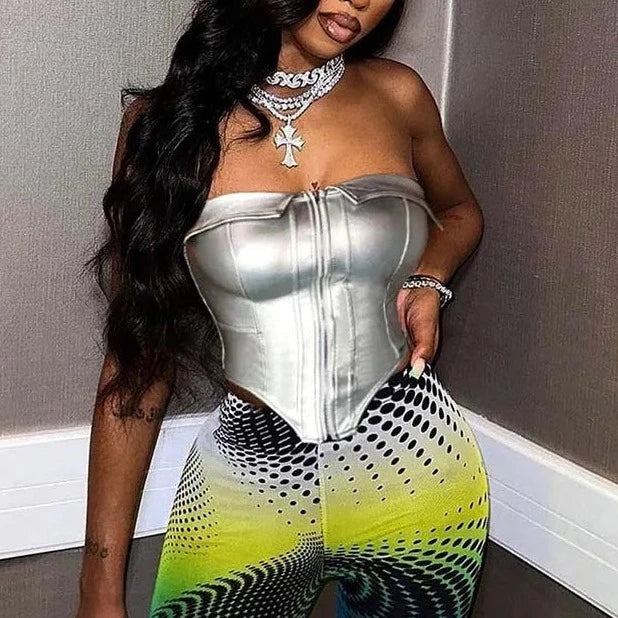 PU Leather Metallic Tube Corset Top