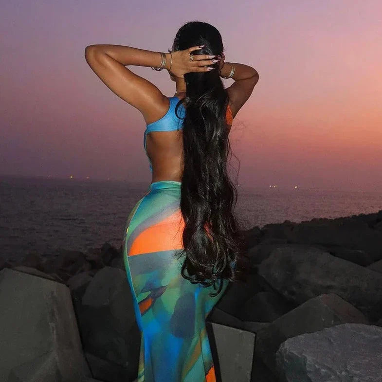 Printed Backless Sleeveless Maxi Dress