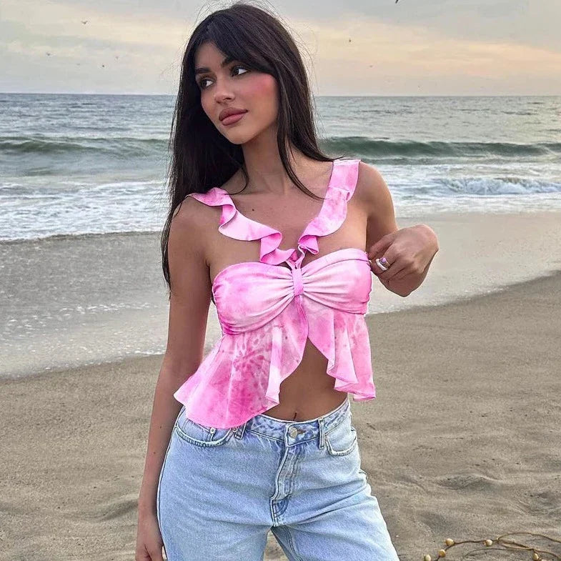 Pink Sleeveless Ruffle Crop Top