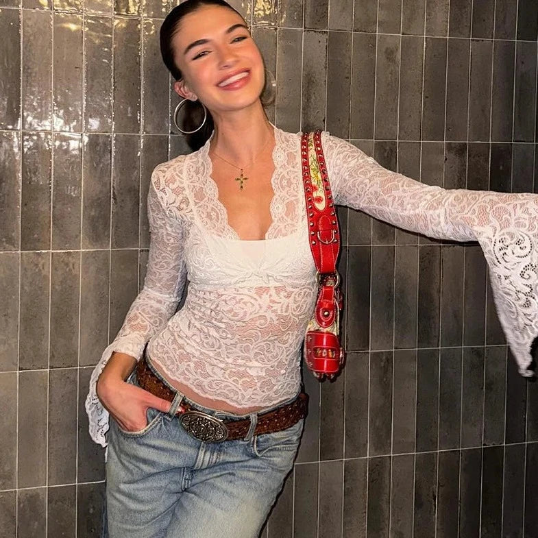 Lace See- Though Long Sleeve V- Neck Top