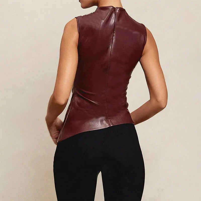 PU Leather Turtle Neck Sleeveless Top