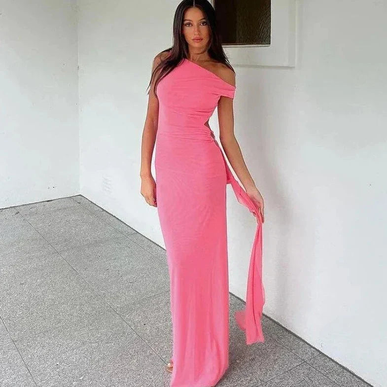 One Off Shoulder Slit Cut Maxi Dress