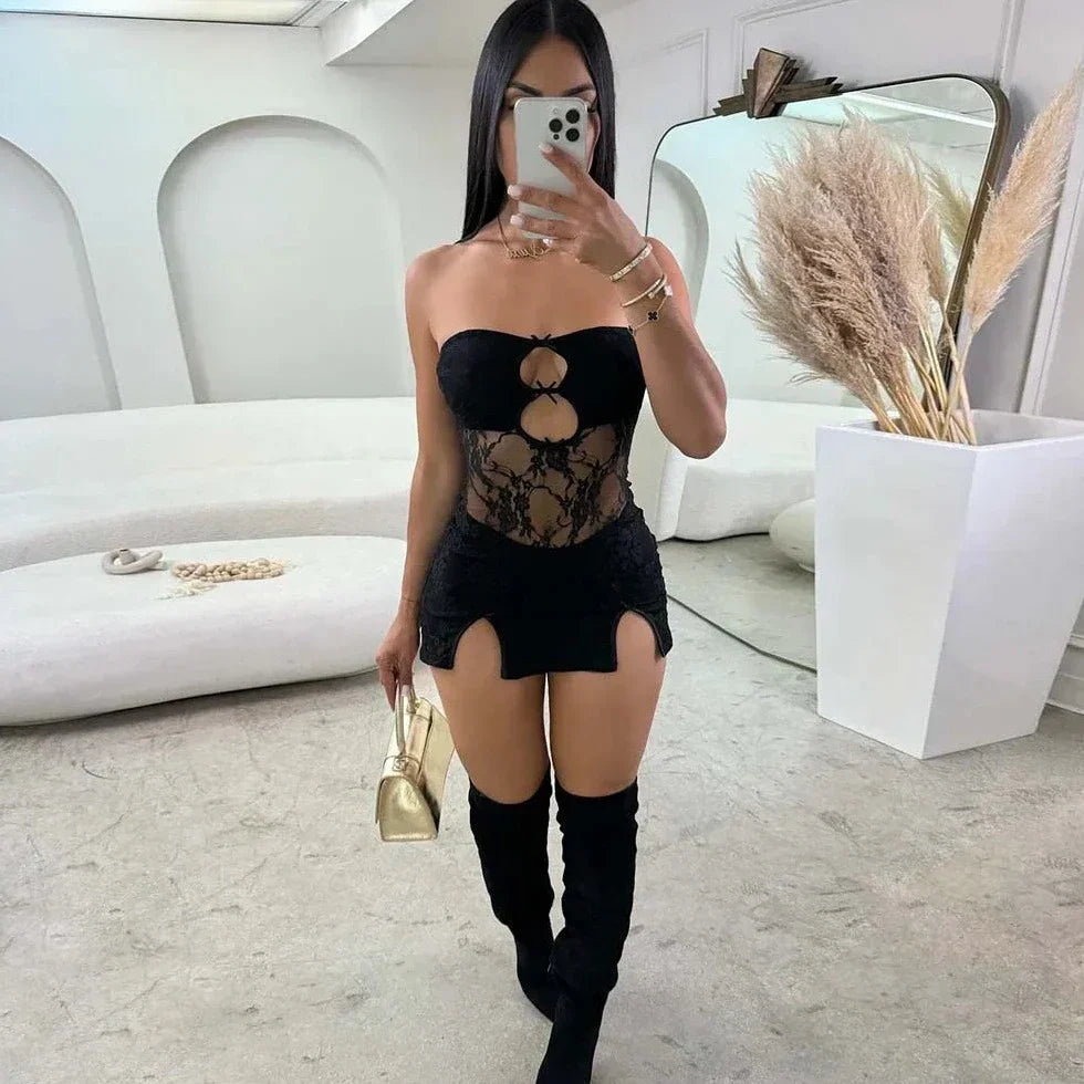 Hollow Out Semi Sheer Tube Mini Dress