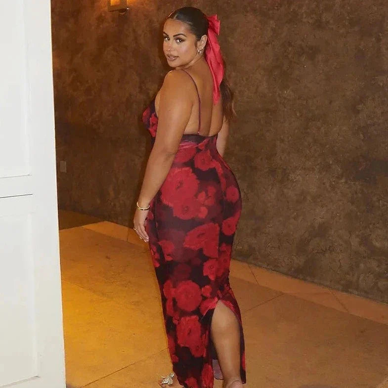 Rose Printed Backless Sleeveless Bodycon Dress