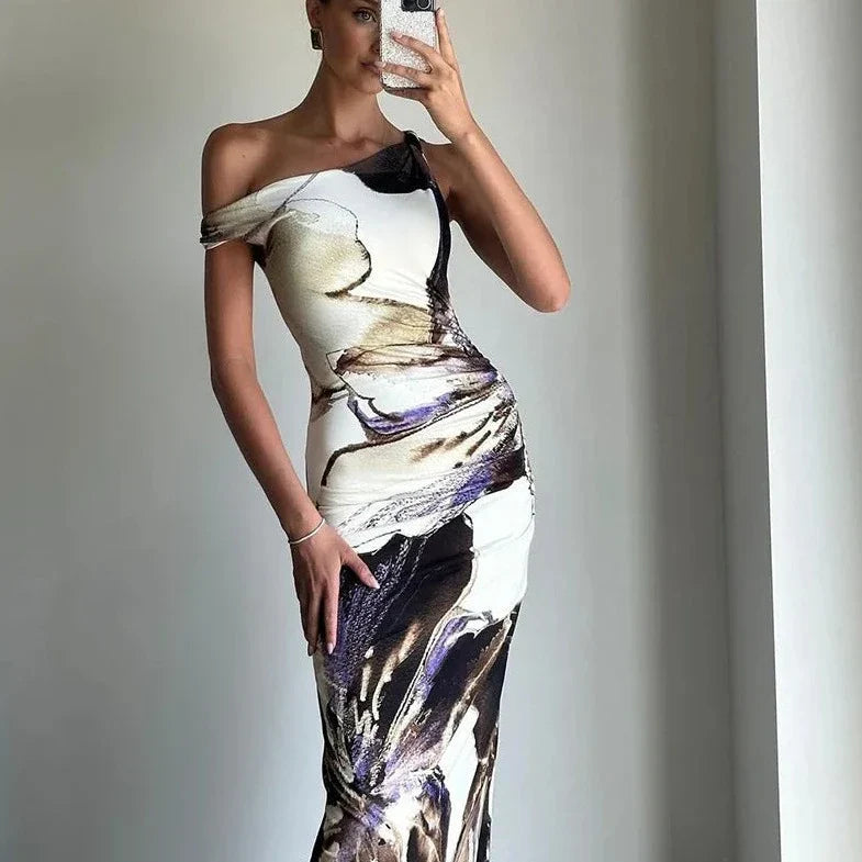 Printed Off Shoulder Sleeveless Maxi Dress