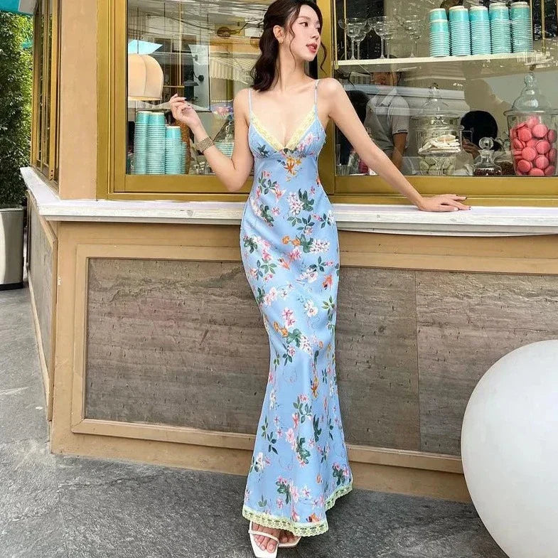 Floral Printed Lace Patchwork Sleeveless Maxi Dress