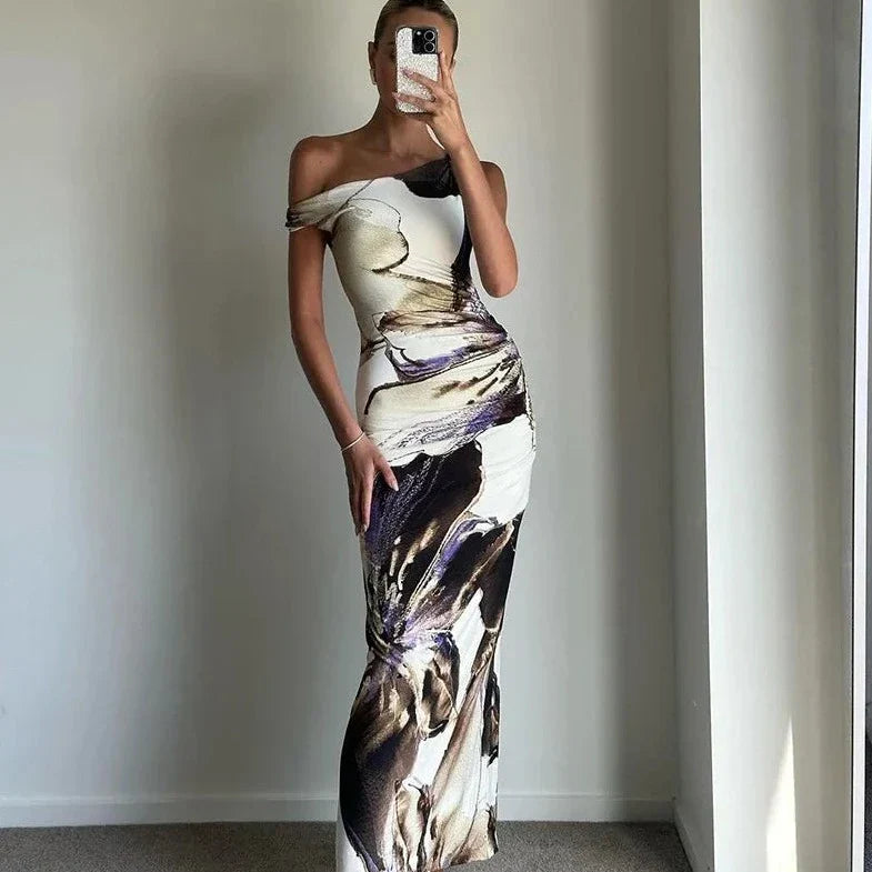 Printed Off Shoulder Sleeveless Maxi Dress