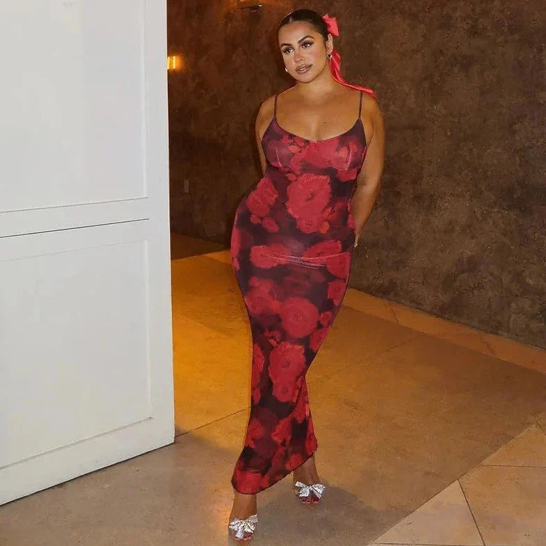 Rose Printed Backless Sleeveless Bodycon Dress