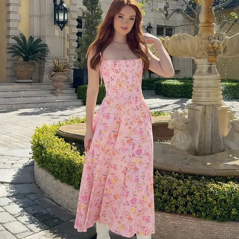 Floral Print Corset Slit A Line Dresses