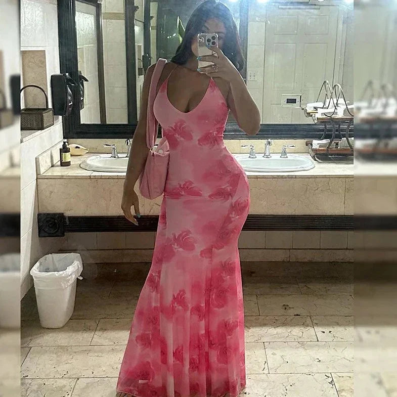 Pink Printed Sleeveless Maxi Dress