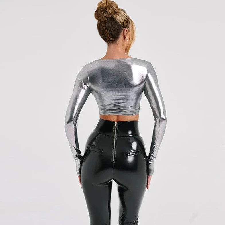 Metallic Long Sleeve Slim Crop Top