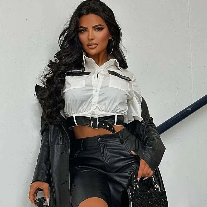 Pu Patch Work Flared Sleeve Crop Top