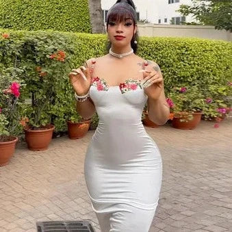 Floral Embroidery Satin Bodycon Long Dresses