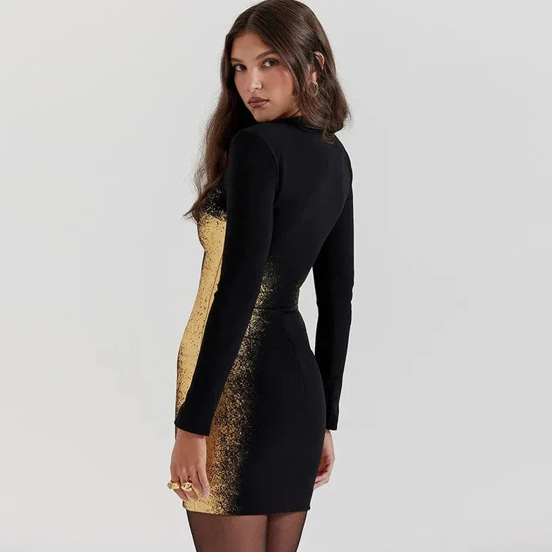 Long Sleeve Side Gold Shimmer Mini Dress
