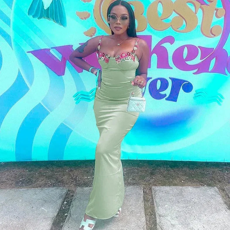 Floral Embroidery Satin Bodycon Long Dresses