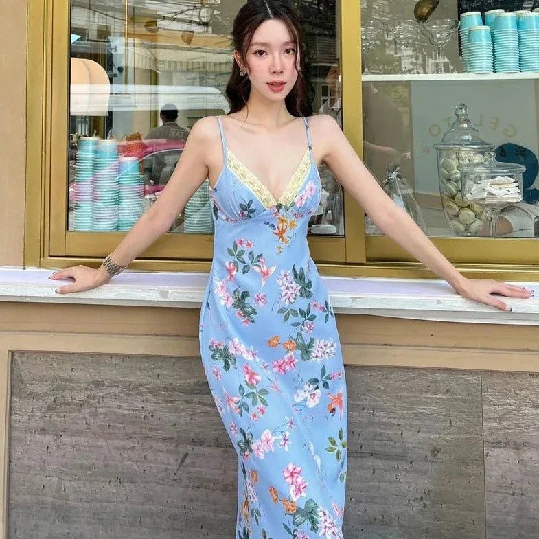 Floral Printed Lace Patchwork Sleeveless Maxi Dress