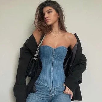 Heart Neck Denim Tube Corset Top