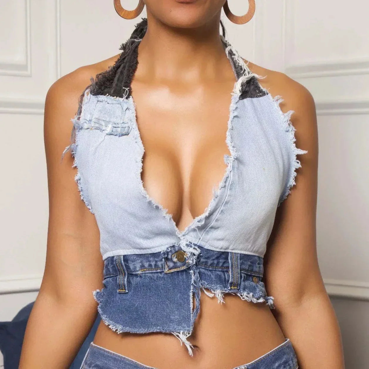Denim Halter Neck Patch Work Vest