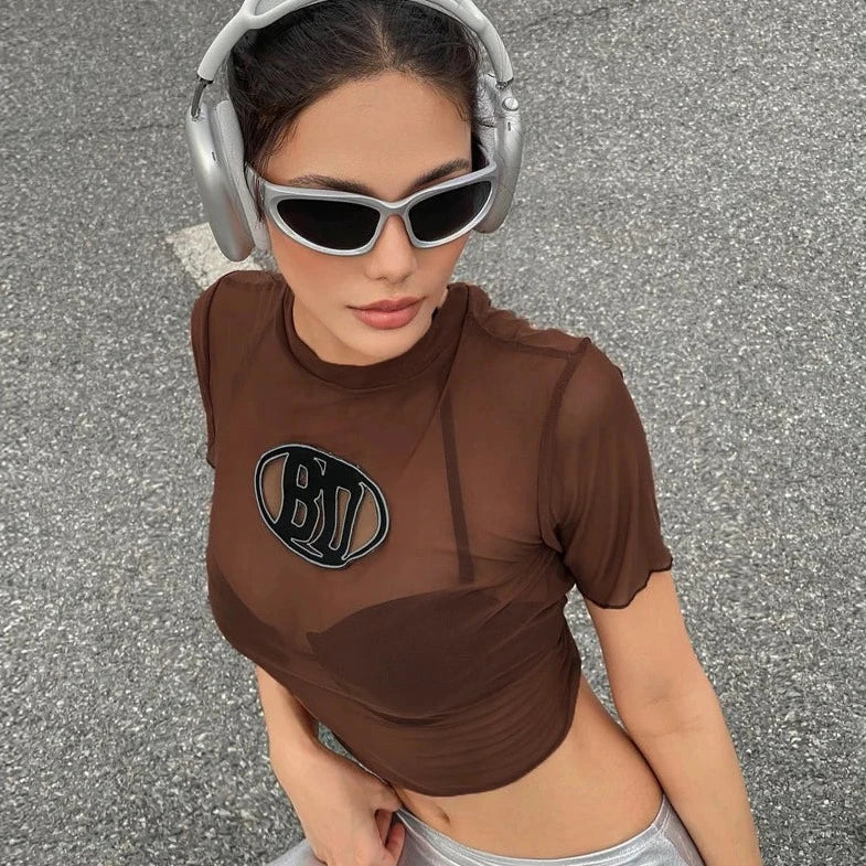 Short Sleeve See- Through Crop Top