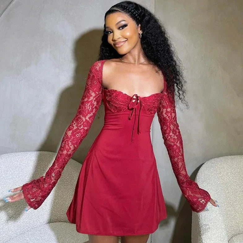 Red Lace Long Sleeve Short  Dress