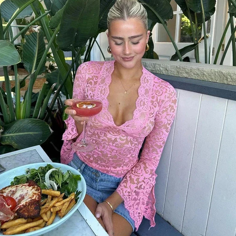 Lace See- Though Long Sleeve V- Neck Top