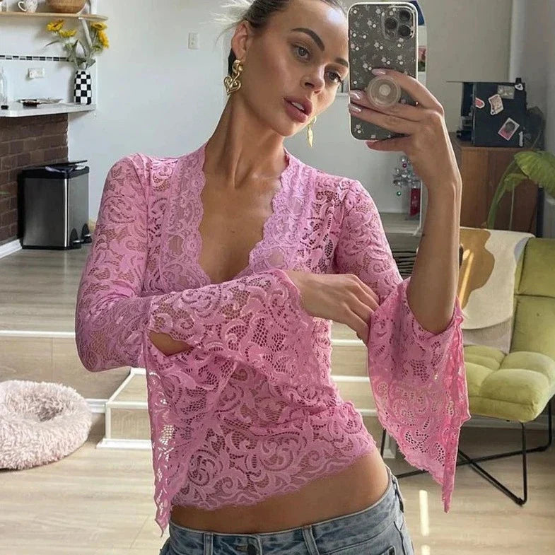 Lace See- Though Long Sleeve V- Neck Top