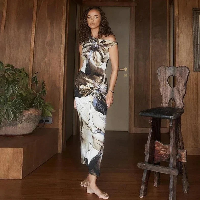 Printed Off Shoulder Sleeveless Maxi Dress