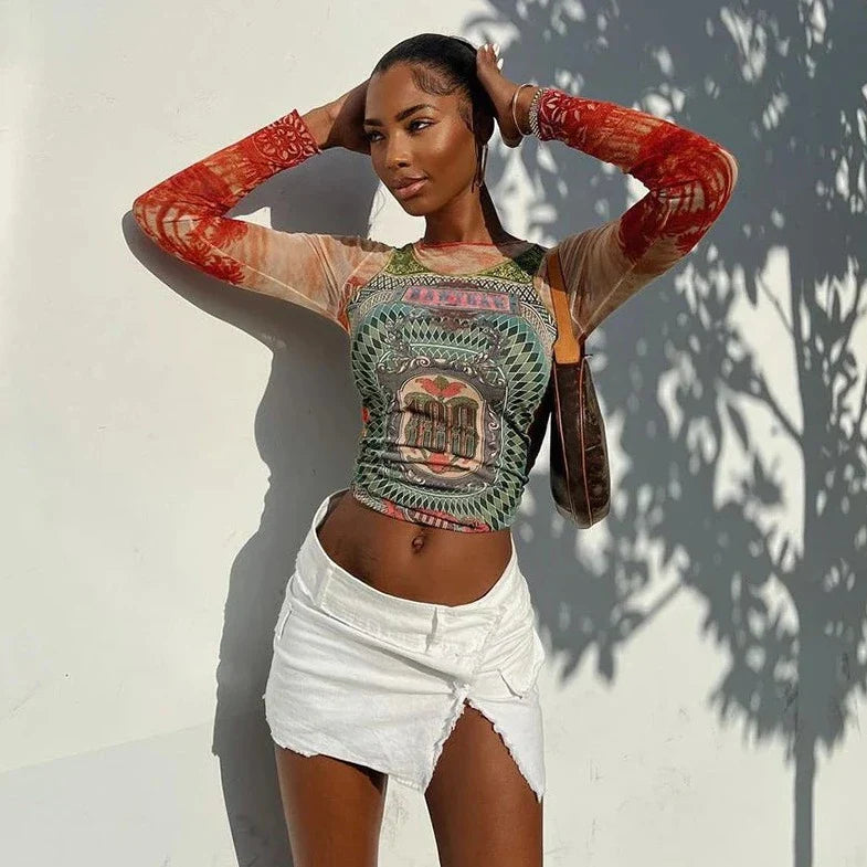 Printed See- Through Slim Fit Crop Top