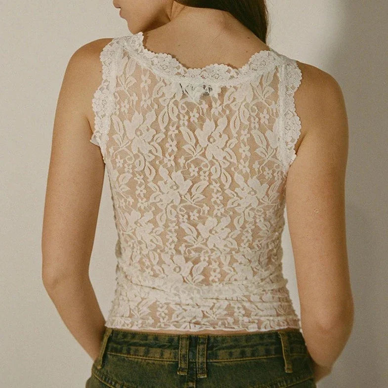 Sleeveless Lace Patch Work Crop Top