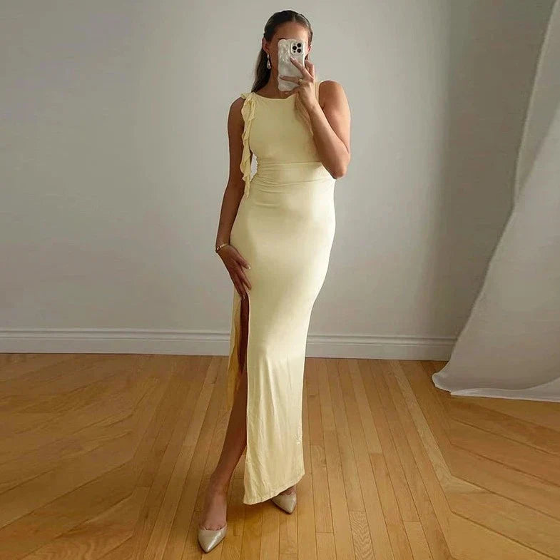 One Shoulder Tassel Sleeveless Slit Dress