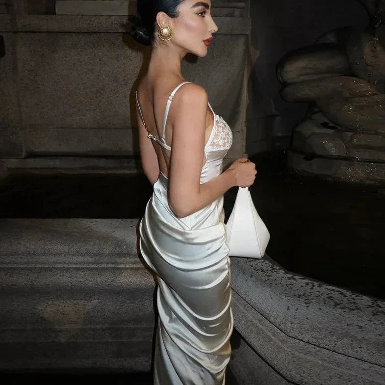 Satin Lace Patchwork Backless Slit Dress
